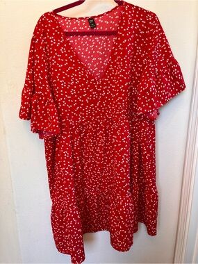 SHEIN Red V-Neck Tiered Dress with White Heart Print